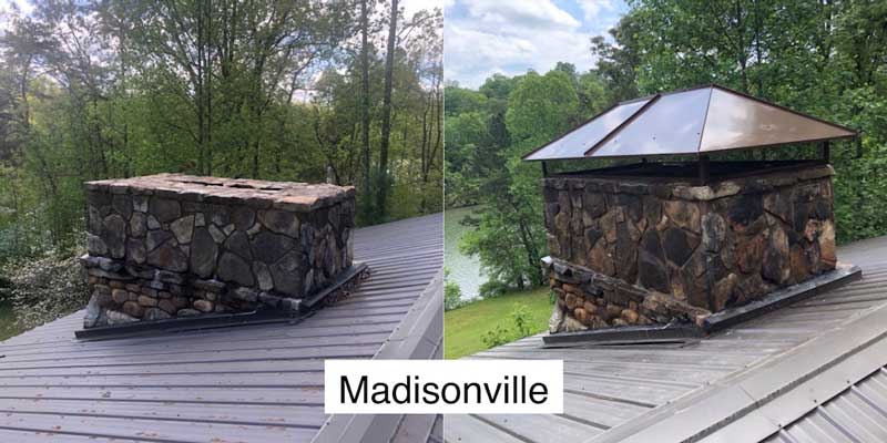 Before and after large chimney cap installed chimney is made of stone the roof is metal and there is a lake in background